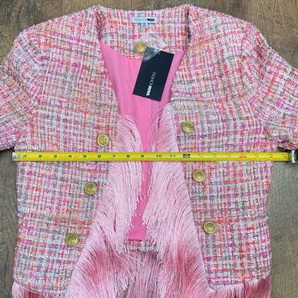 Fashion Nova Pink Tweed Fringe Jacket Boho Festival Barbie Western Preppy sz M - Picture 7 of 10